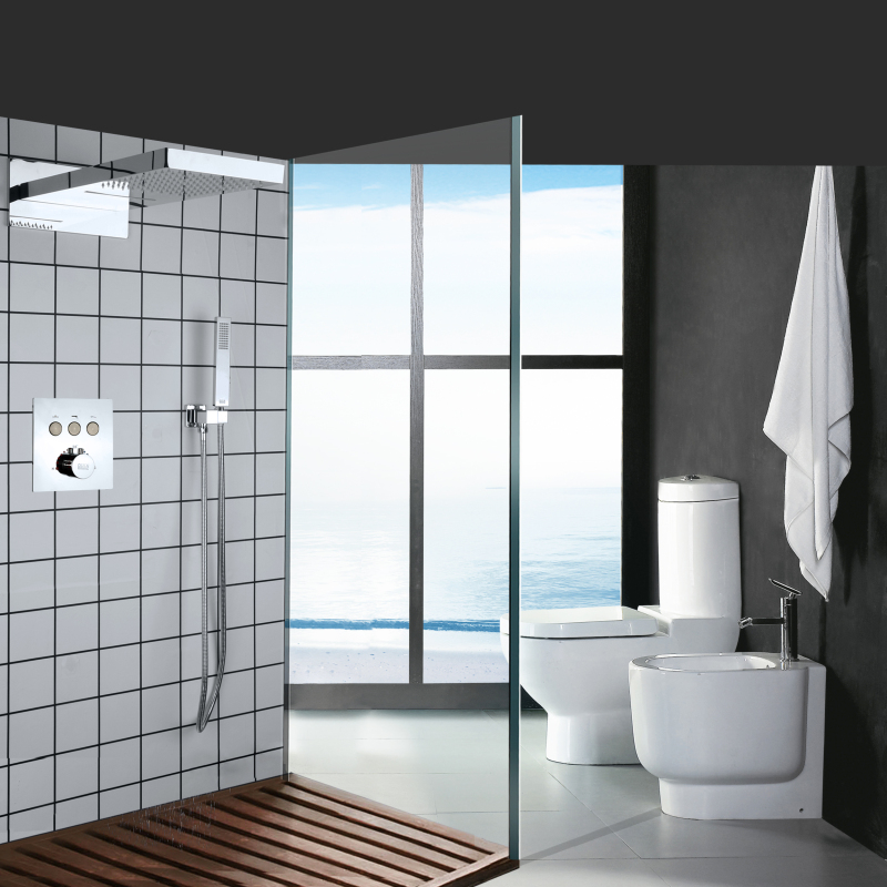 Mezclador de ducha termostático pulido cromado, sistema de ducha con botón de presión en cascada de 50x23cm, juego de grifo de ducha de baño