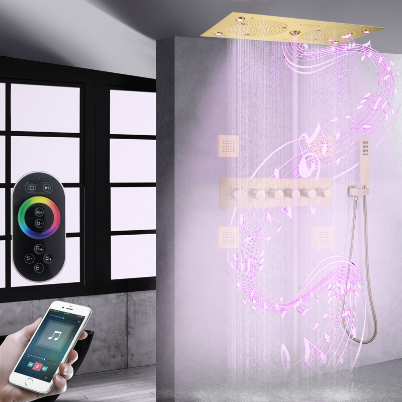 Juego de cabezal de ducha termostático de Oro pulido LED de 620x320mm con funciones musicales, ducha de baño empotrada en el techo