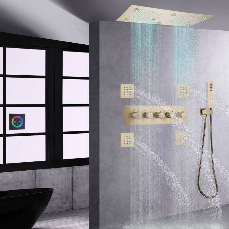 Juego de cabezal de ducha termostático de Oro pulido de lujo, juego de grifo de ducha de lluvia LED de 62x32 CM para baño con mano