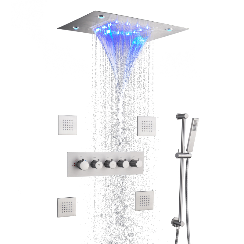 Grifos termostáticos ocultos para baño y ducha, juego de ducha de baño de níquel cepillado, cabezal de ducha LED de cascada y lluvia de 14x20 pulgadas