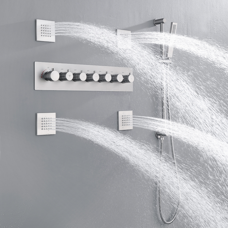 Juego de ducha de baño oculta de níquel cepillado, sistema de ducha termostático LED montado en la pared, cabezal de ducha de lluvia y cascada de 14X20 pulgadas