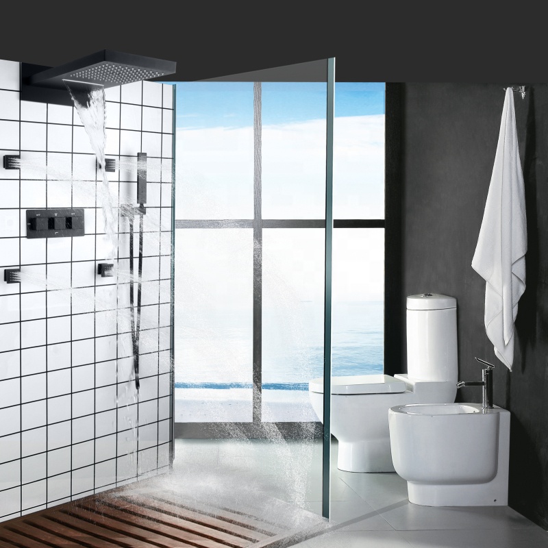 Conjunto de ducha de triple manija, cascada fría y caliente, moderno, negro mate, combinación de ducha de mano tipo lluvia para baño