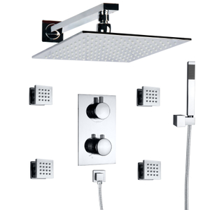 Sistema de ducha cromado pulido, 25x25 CM, termostático para baño, juego de ducha empotrada tipo lluvia montado en la pared