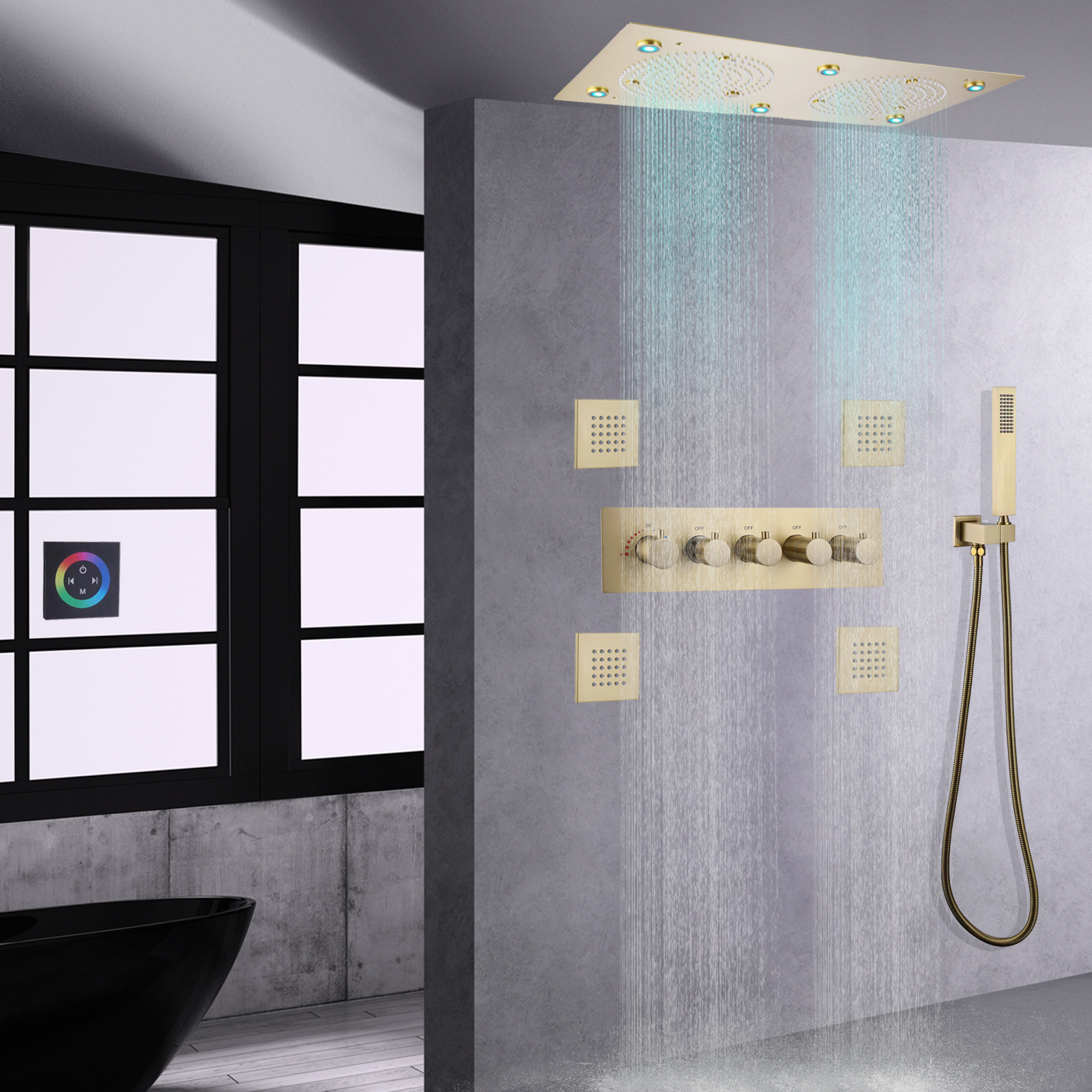 Sistema de ducha LED de oro cepillado, cabezal de masaje de ducha de lluvia termostático para baño