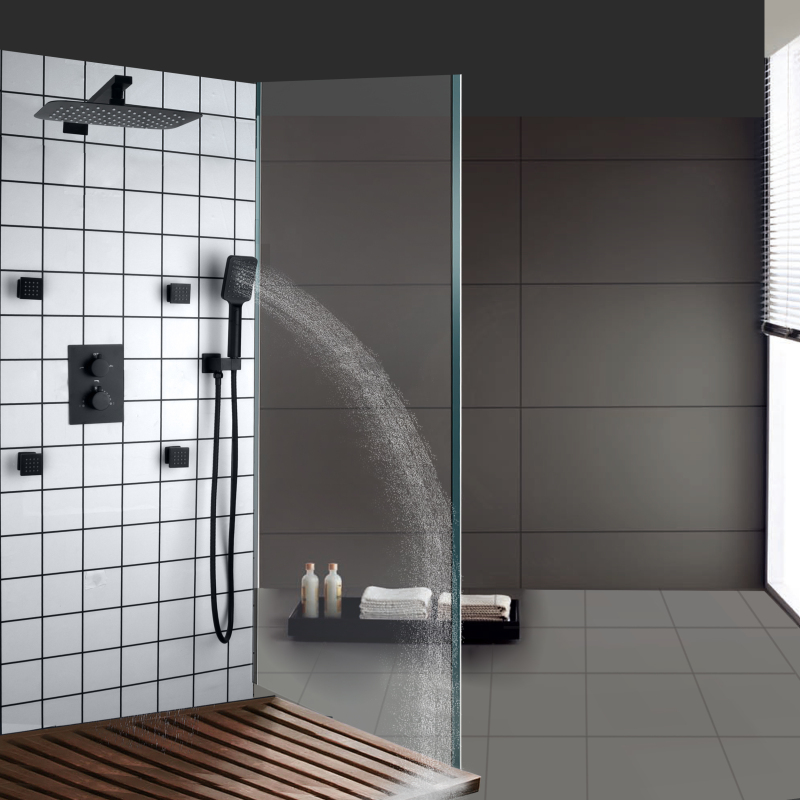 Mezclador de ducha contemporáneo negro mate, cabezal de ducha termostático de 30x20 cm con sistema de ducha de mano de latón negro