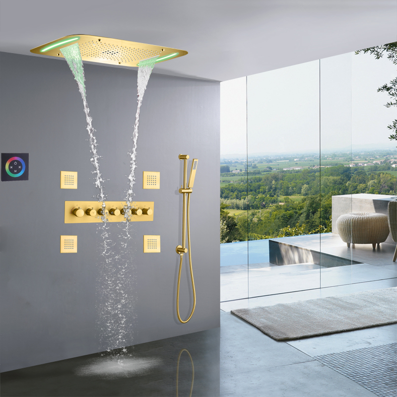 Sistema de ducha de lluvia de Oro pulido, LED, 71x43 CM, mezclador de ducha oculto termostático multifunción para baño, juego de ducha de mano