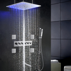 Juego de ducha LED termostática pulida cromada, sistema de ducha montado en el techo de 20 pulgadas con pulverizador de mano, chorros corporales de Spa