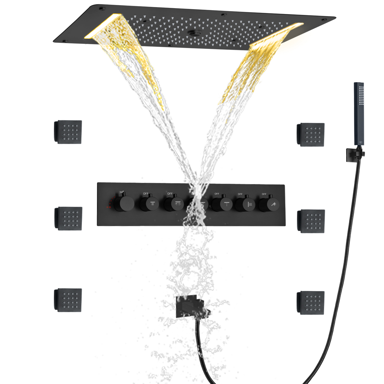 Juego de mezclador de ducha termostático LED negro mate, montaje en pared, cascada oculta, niebla, lluvia, masaje de mano