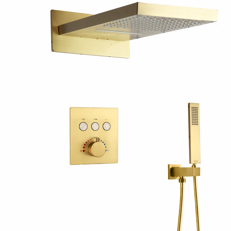 Ducha termostática de oro cepillado, juego de ducha tipo lluvia en cascada montado en la pared con mano