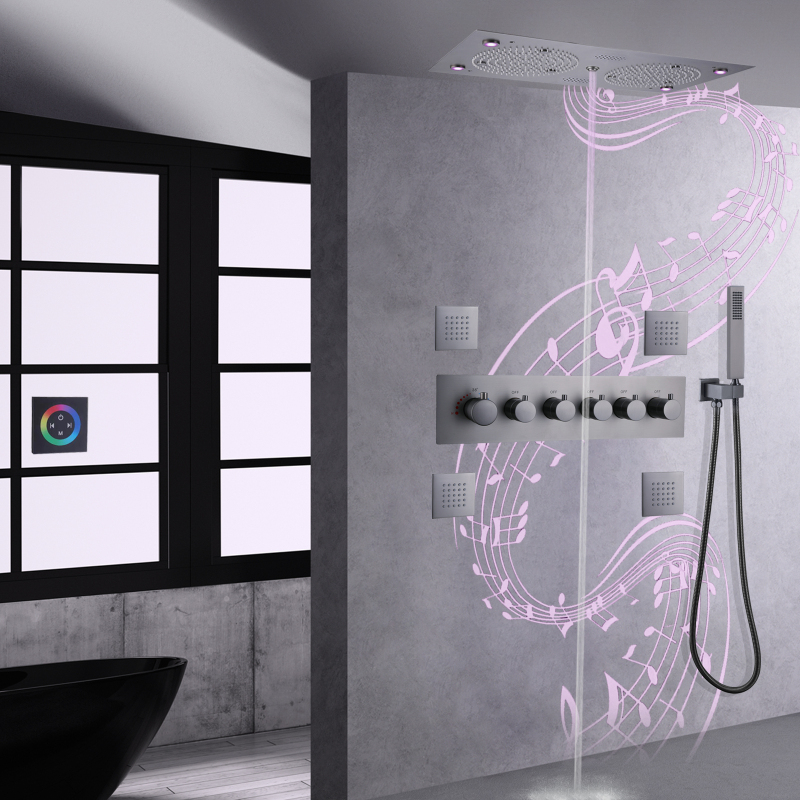 Juego de ducha superior termostática gris pistola 620*320mm LED baño con música ducha multifunción con boquilla de mano
