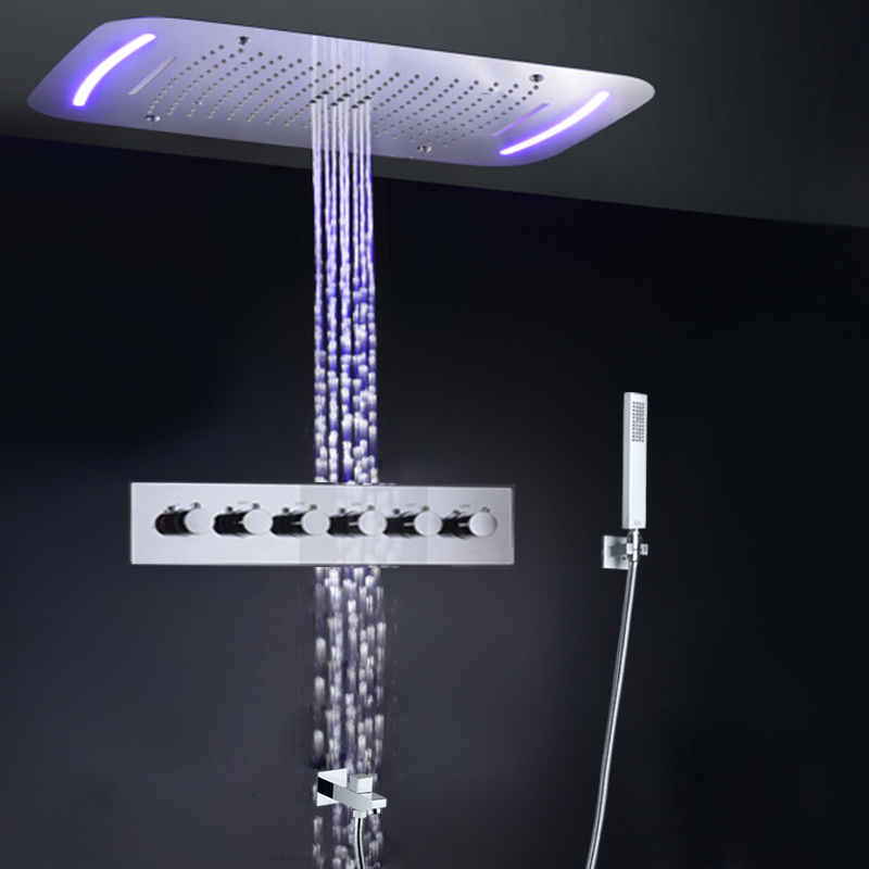 Cabezal de ducha de lluvia en cascada multifunción termostático Rectangular, luz de LED de techo empotrada, grifo de ducha de baño