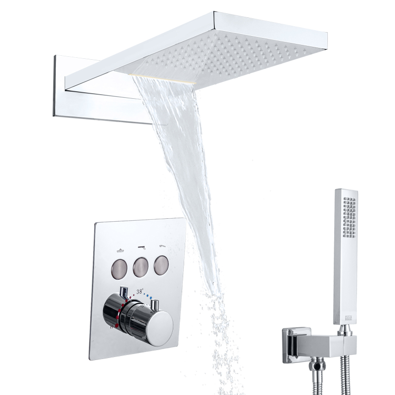 Mezclador termostático de ducha tipo lluvia, cabezal de ducha cromado pulido montado en la pared, brazo de ducha de mano para baño