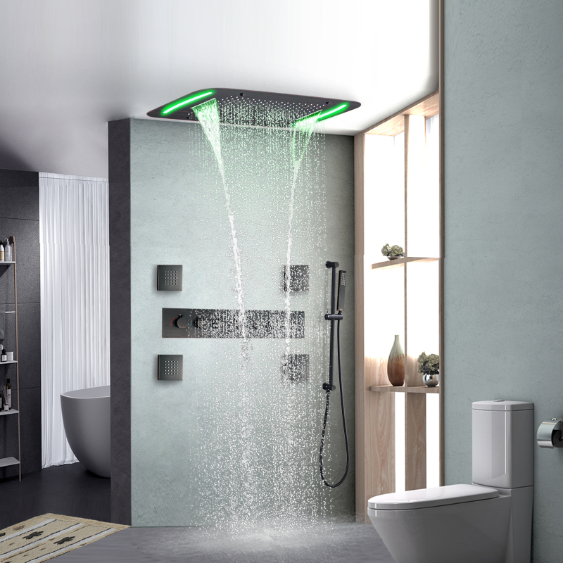Sistema de ducha termostática de bronce frotado con aceite, juego de ducha multifunción LED para baño de 71x43 CM con panel de Control LED
