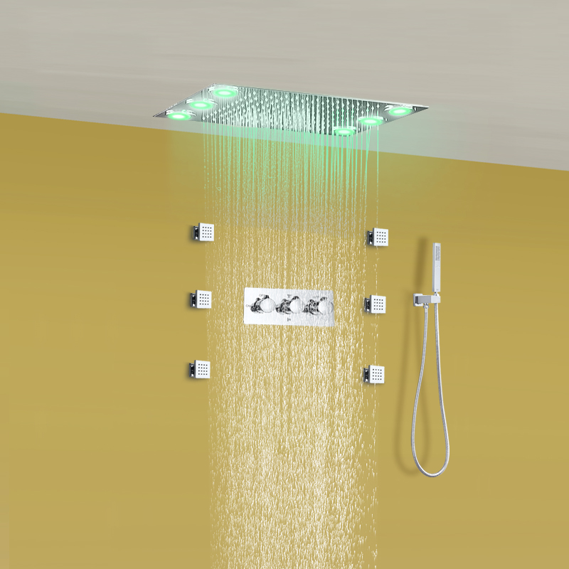 Cabezal de ducha tipo lluvia empotrado, juego de ducha cuadrado led, 6 chorros corporales, accesorios de baño de acero inoxidable 304, ducha de mano