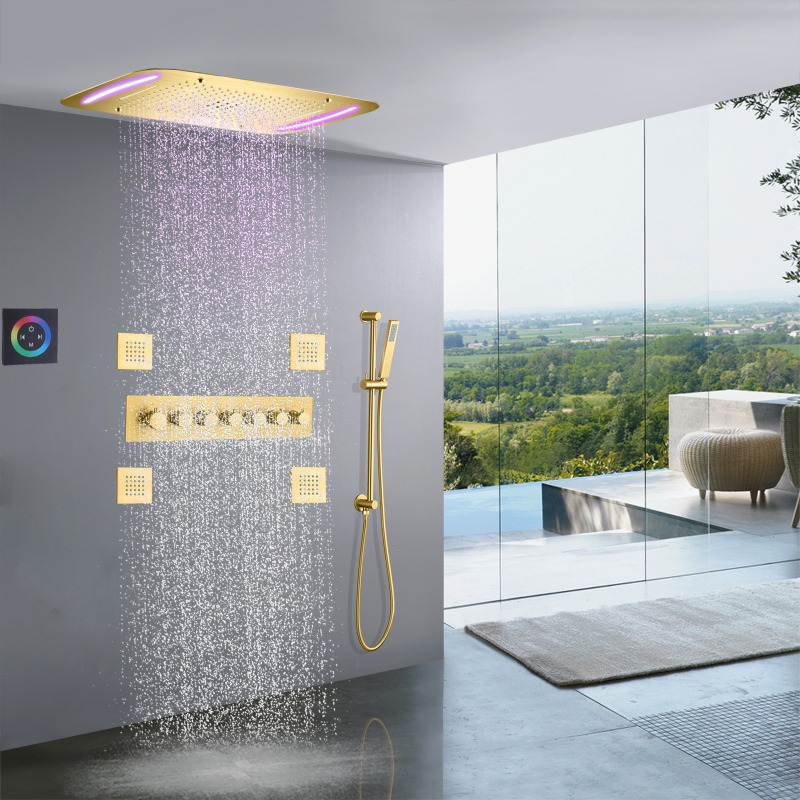 Cabezal de ducha termostático de Oro pulido de lujo, juego de ducha de lluvia en cascada multifunción LED de 710x430 MM para baño