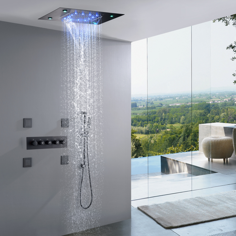 Juego de grifos de baño y ducha, sistema de ducha termostático LED de lujo, cabezal de ducha de lluvia oculto de 14x20 pulgadas, color negro mate