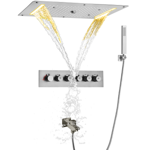 Juego de grifería de ducha termostática para bañera, cabezal de ducha LED de lluvia con burbujas de pulverización en cascada de 700x380 MM con mano de níquel cepillado