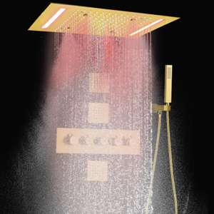 Sistema de ducha termostático de baño de lluvia de oro cepillado, cabezal de ducha LED montado en el techo de 14x20 pulgadas, chorros de Spa para cuerpo de latón