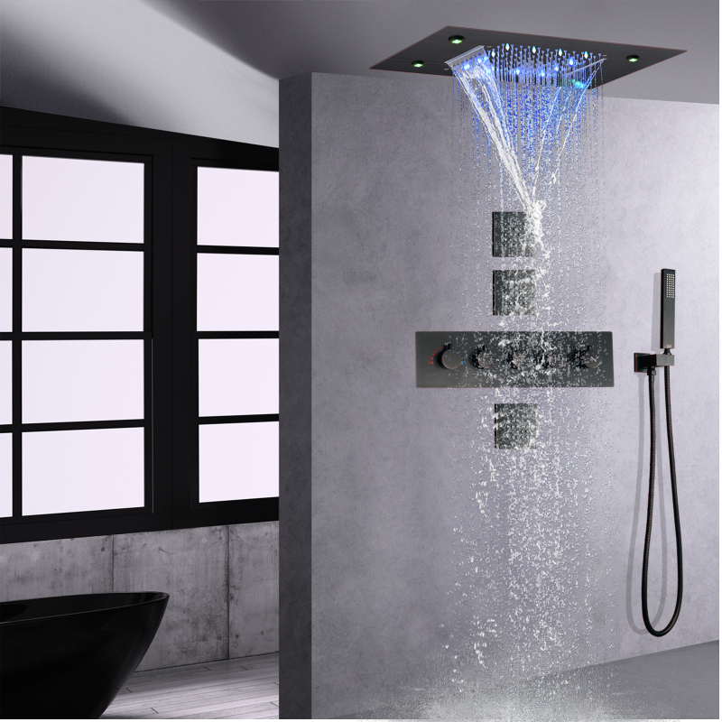 Juego de ducha termostática de bronce frotado con aceite, lluvia, 14x20 pulgadas, grifos de baño y ducha, cascada de ducha de lujo