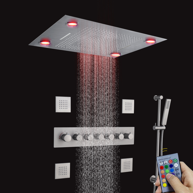 Níquel cepillado termostático 24 x 31 pulgadas control remoto LED panel masaje ducha conjunto cascada lluvia