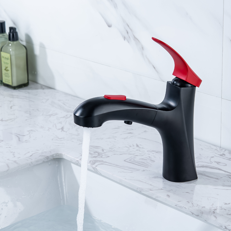 Grifo de baño negro mate, mezclador de lavabo con mango rojo, funciones de agua dobles, mezclador de fregadero contemporáneo