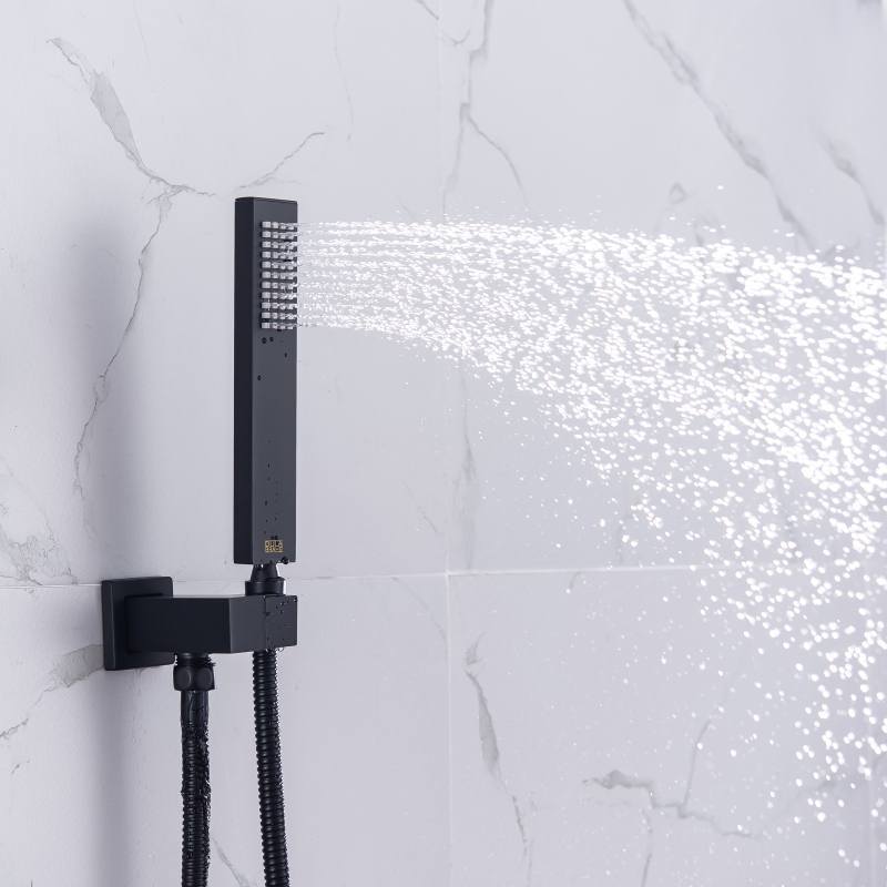 Termostático en juego de ducha empotrada tipo lluvia montado en la pared, soporte de mano en cascada de lluvia negro mate
