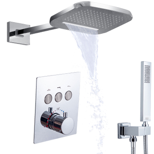 Juego de ducha termostática oculta, cabezal de ducha de cascada y lluvia cromado pulido, todas las funciones se pueden trabajar juntas
