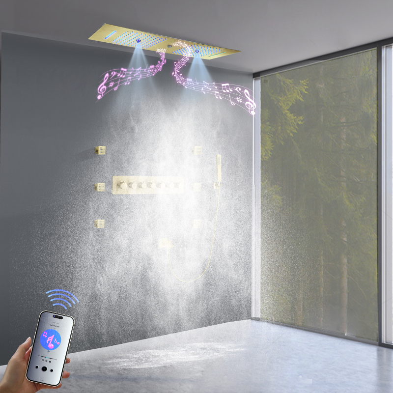 Panel de ducha de gran flujo, sistema de ducha de lluvia con música LED multifuncional, sistema de masaje, drenaje de agua, Pilar de ducha de bañera dorada