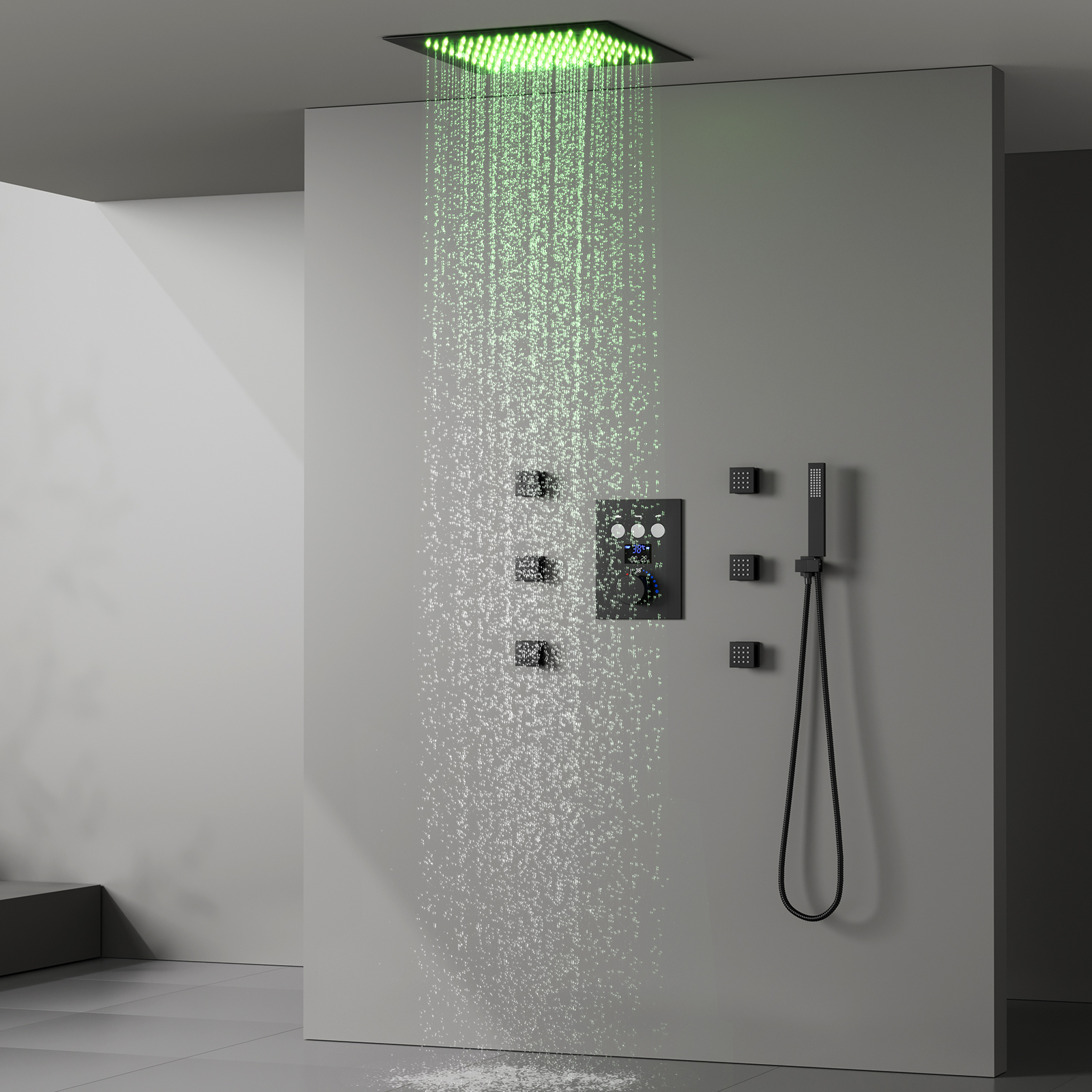 Termostato 64 LED Color Sistema de ducha tipo lluvia 3 botones de función Pantalla digital Válvulas de ducha Juego de grifos