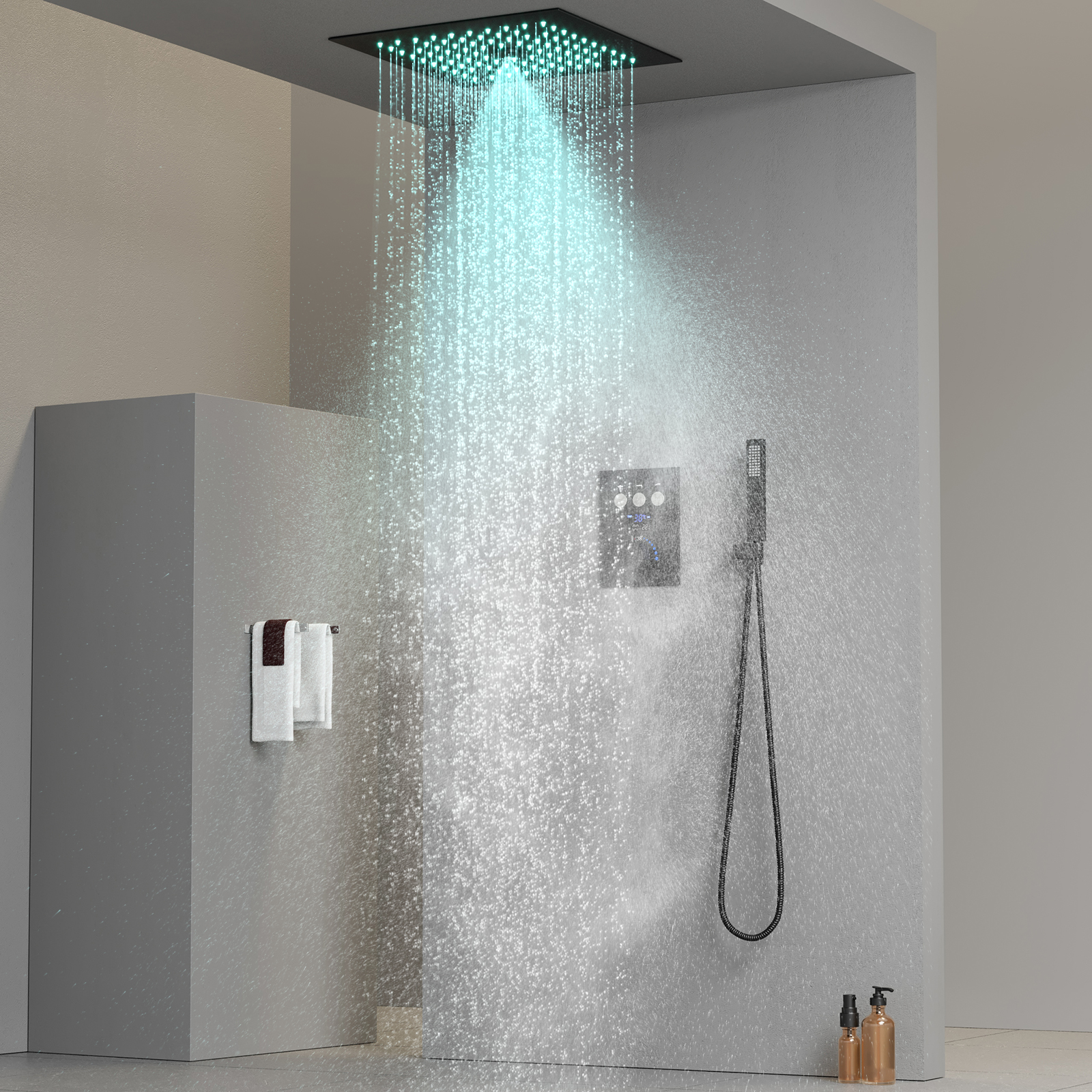 Sistema de cabezal de ducha termostático para baño, conjunto de cabezal de ducha tipo lluvia LED cuadrado negro mate
