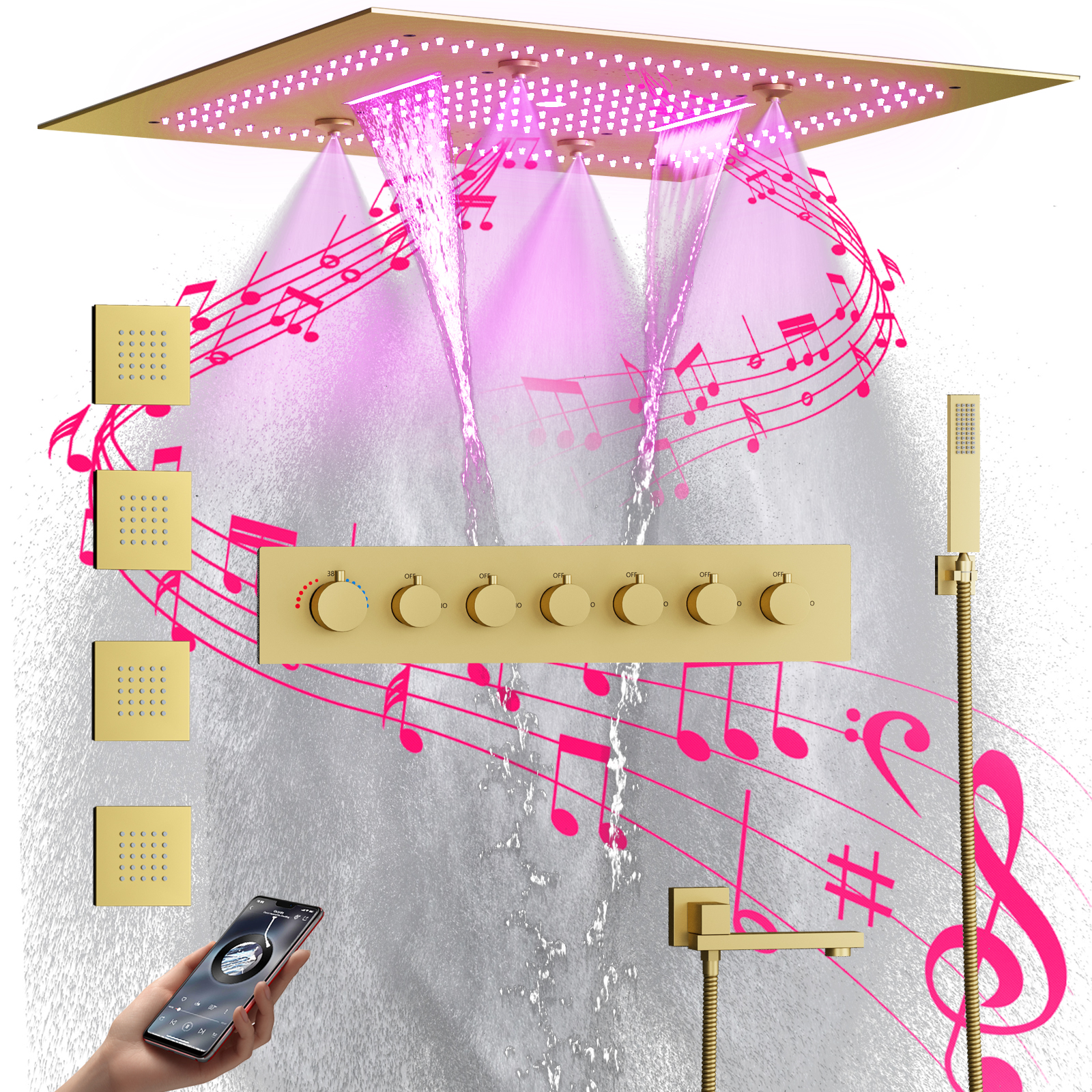 Sistema de Set de ducha de baño de lujo, juego de mezclador de ducha de lluvia de Oro pulido, juego de cabezal de ducha Led de cobre con 6 funciones