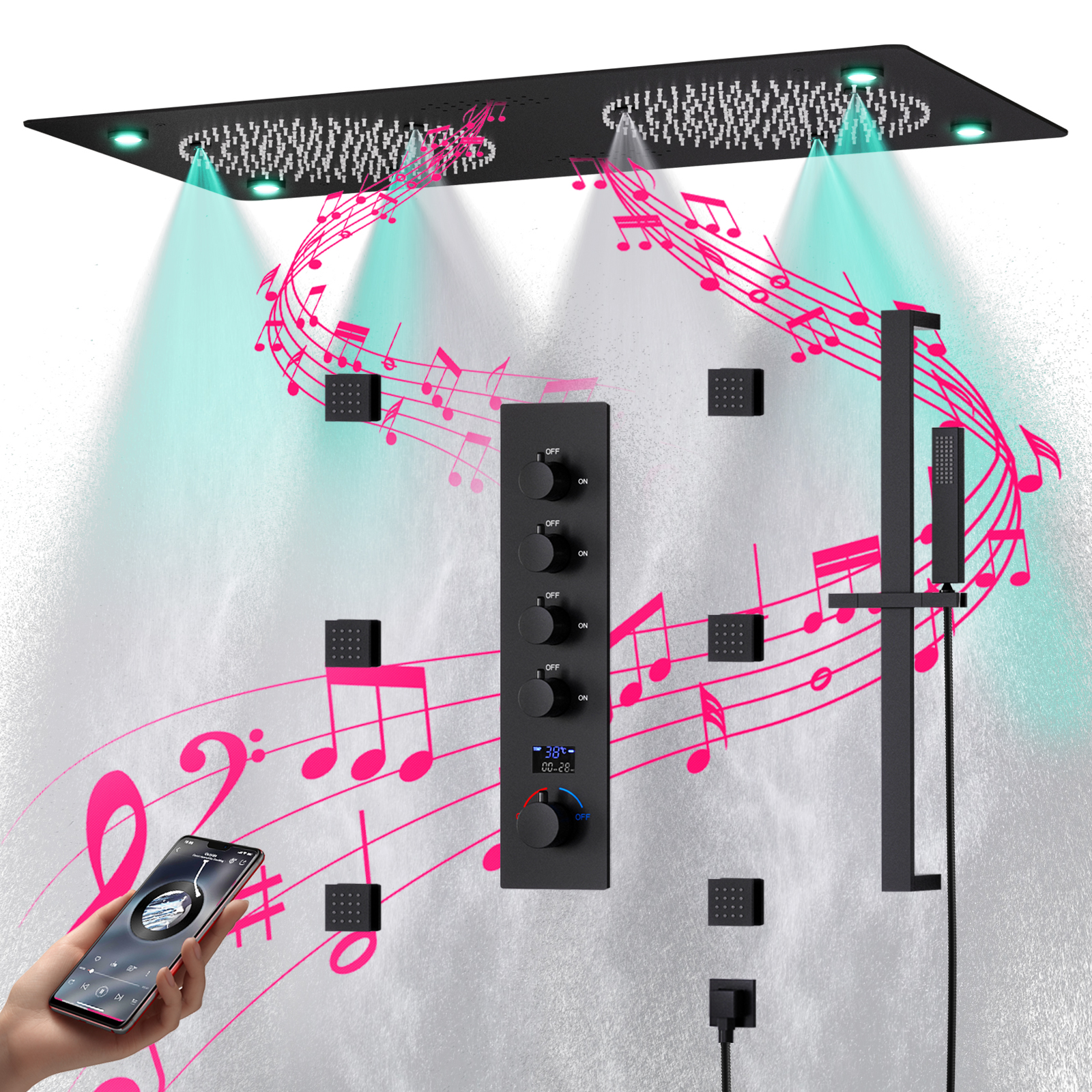 Sistema de grifo de ducha LED de latón empotrado para baño, 4 juegos de cabezal de ducha, ducha de lluvia de techo con música