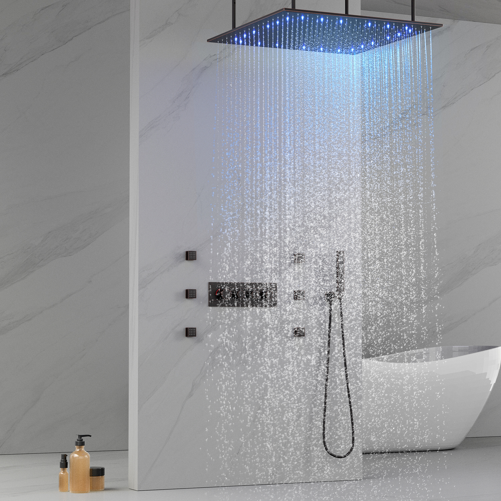 Grifo de ducha con cabezal de ducha de montaje en techo, música multifuncional, bronce, frotado con aceite, LED, ducha de lluvia, tanque, grifo de ducha