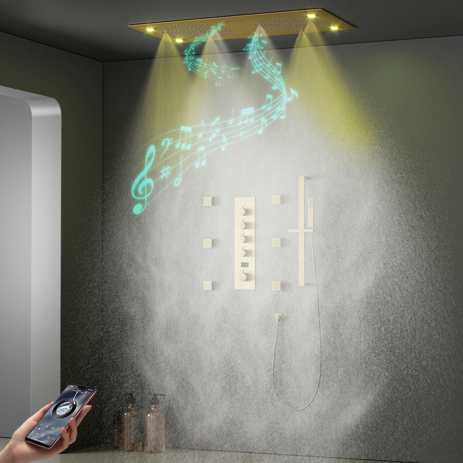 Ducha de lluvia con rociador de techo, cabezal de ducha con música LED, juego dorado, sistema de ducha con termostato de masaje con rociador de lluvia