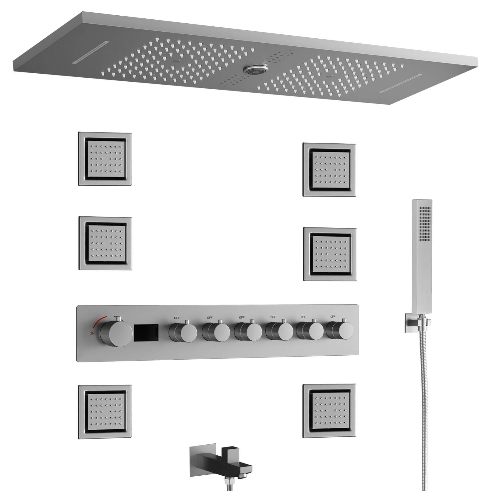Sistema de ducha cepillado 900x300 mm Lluvia y cascada Cabezal de ducha Grifo Temperatura constante Ducha de 6 vías Válvula de ducha LED Juego de masaje con cabezal de chorro