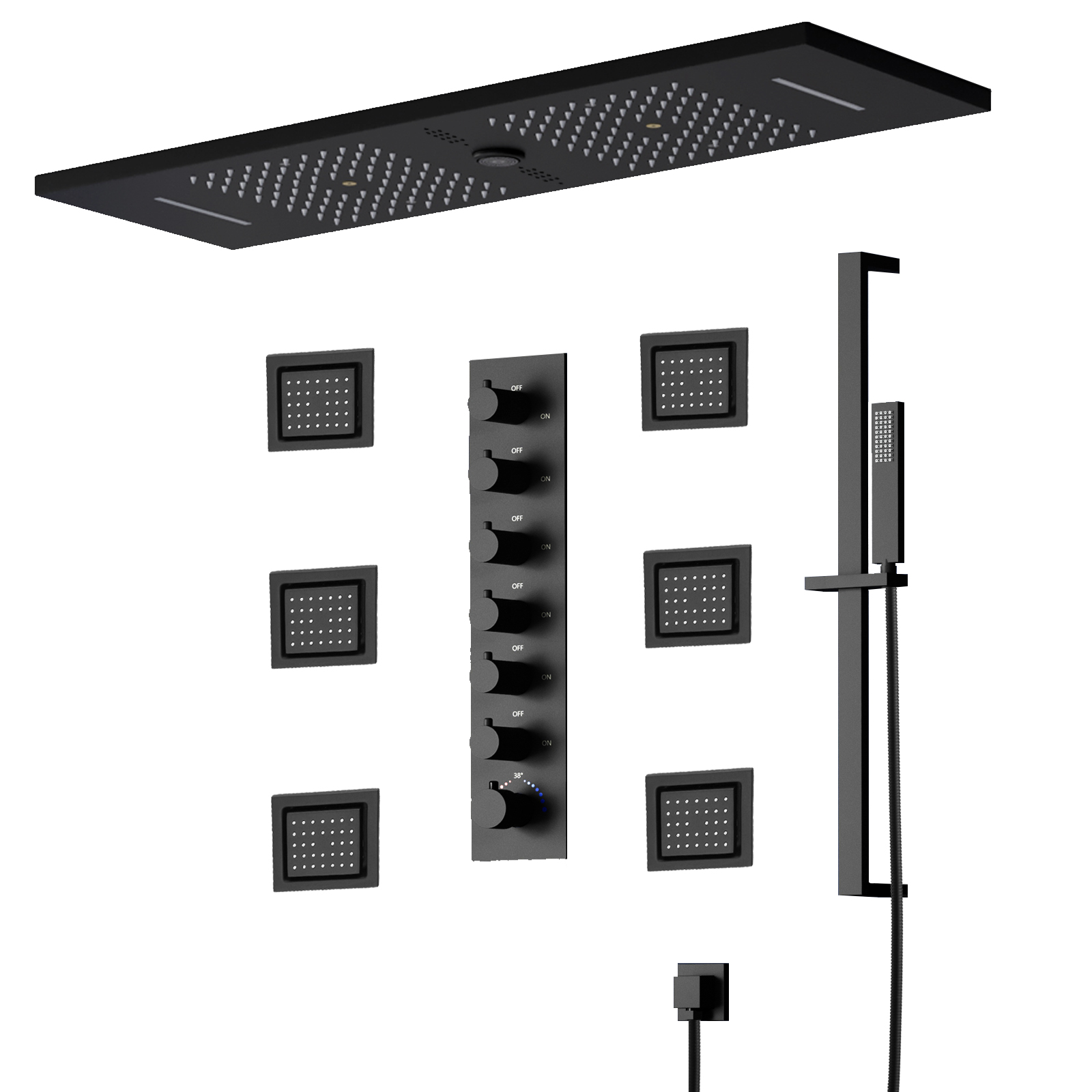 Juego de ducha LED, cabezal de ducha empotrado de lluvia y cascada con altavoz musical, Grifo y válvula de ducha de baño