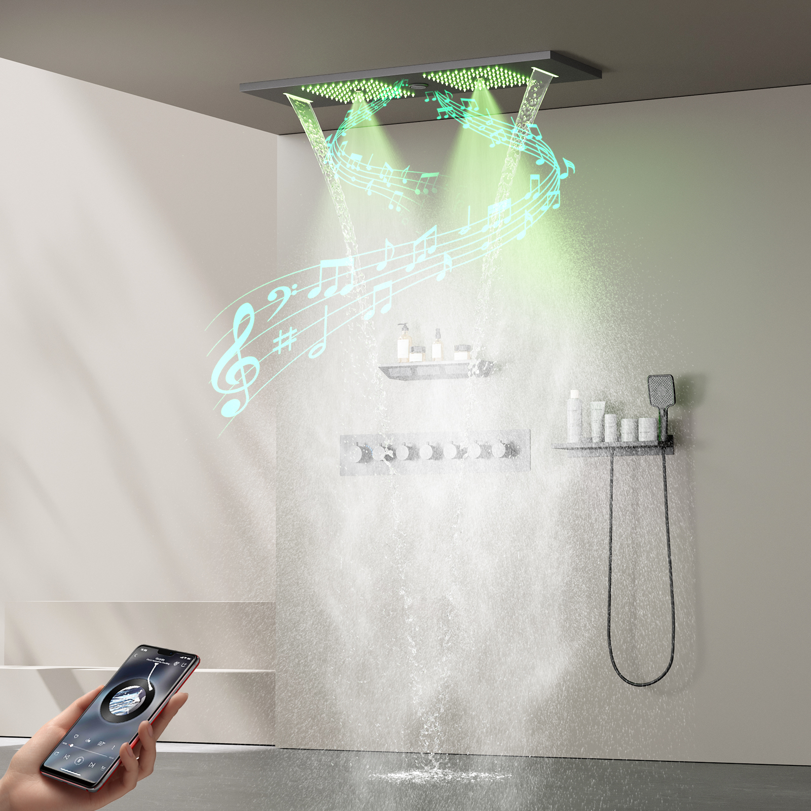 Juego de cabezal de ducha con música LED gris, pistola cuadrada montada en el techo, grifo termostato con rociador de lluvia y cabezal de ducha lateral