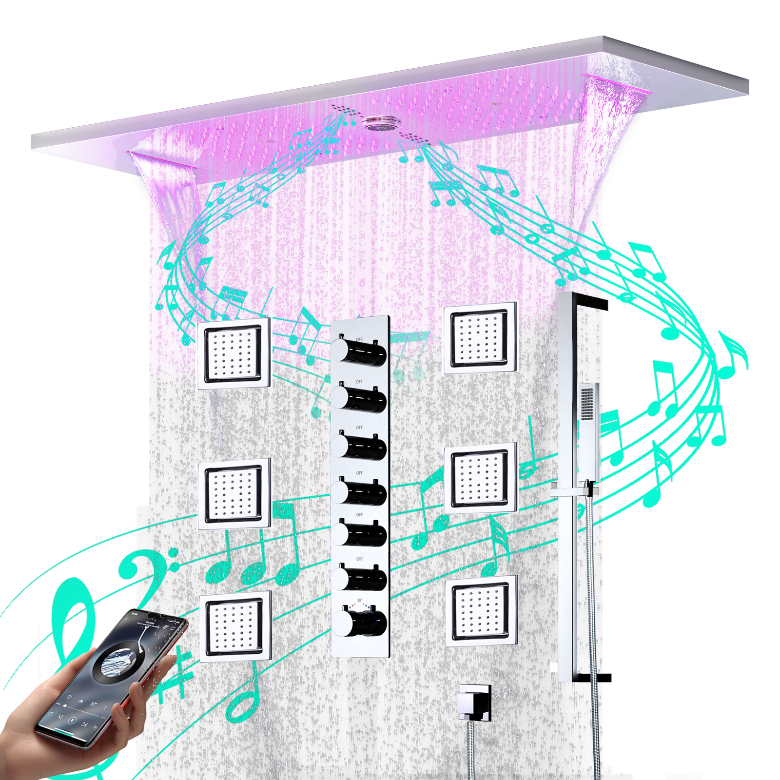 Grifo de ducha de Spa para baño, ducha de cascada de lluvia, juego de cabezal de ducha empotrado en el techo con chorros corporales