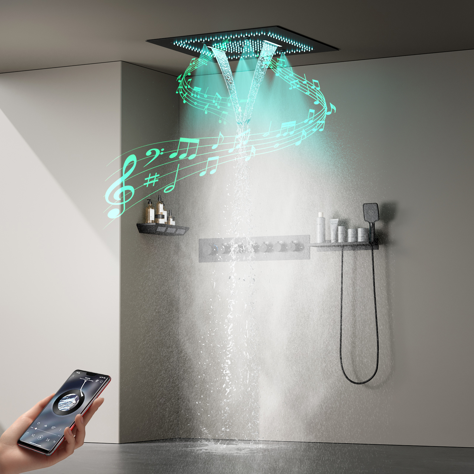 Juego de cabezal de ducha de temperatura constante LED de techo de baño de 600x600mm con Kit de grifo de ducha multifuncional de cascada de lluvia