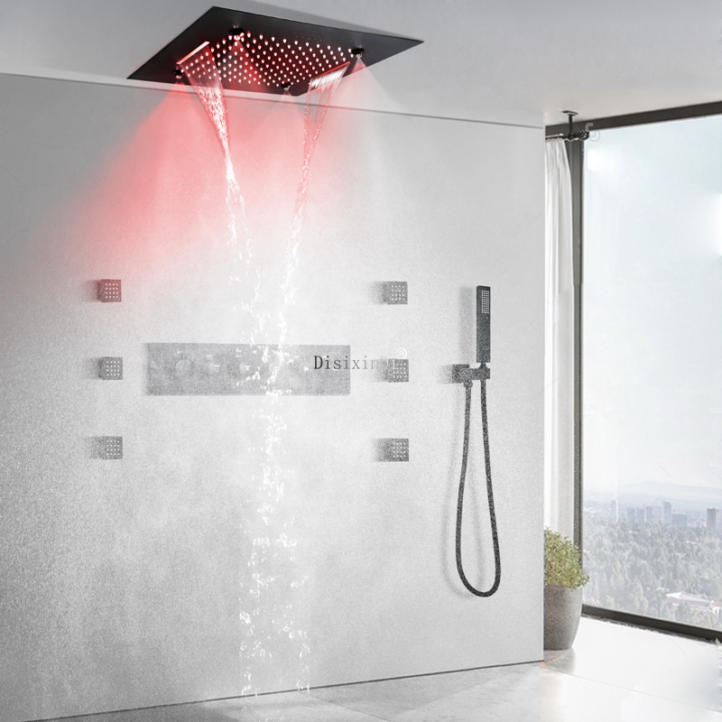 Cabezal de ducha de techo con música LED de 20 pulgadas, lluvia, cascada, niebla, termostático, cuerpo de latón, juego de Grifo de ducha de baño