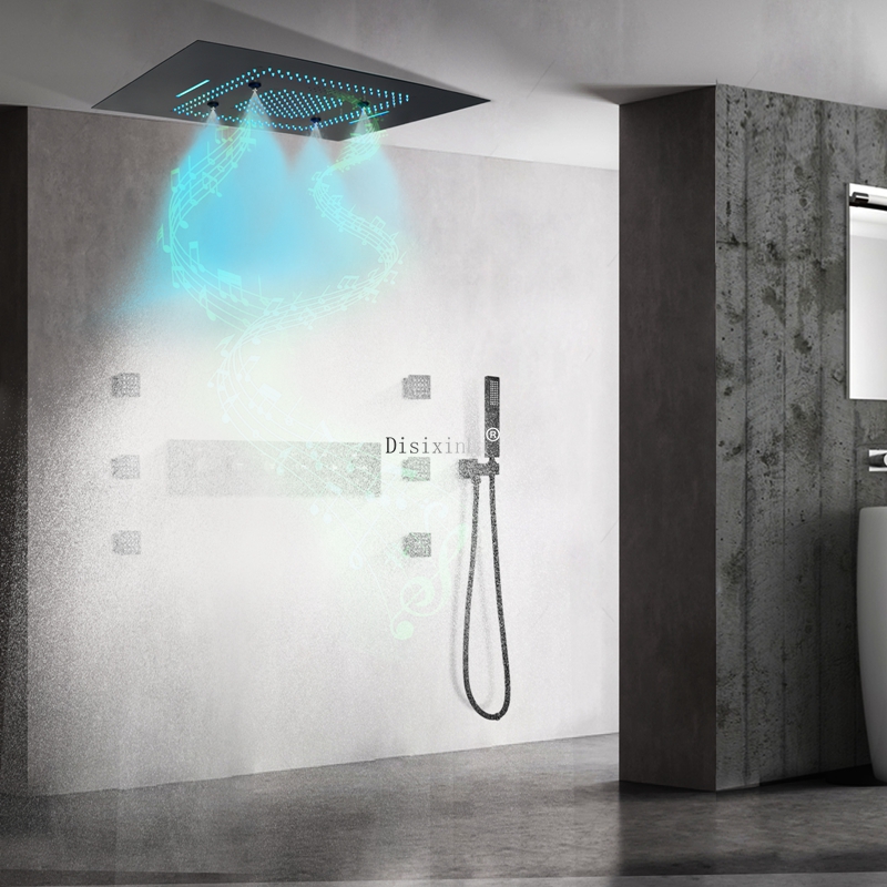 Cabezal de ducha LED empotrado en el techo, 24x32 pulgadas, con altavoz musical, niebla, lluvia y cascada, juego de grifería de ducha termostática de latón