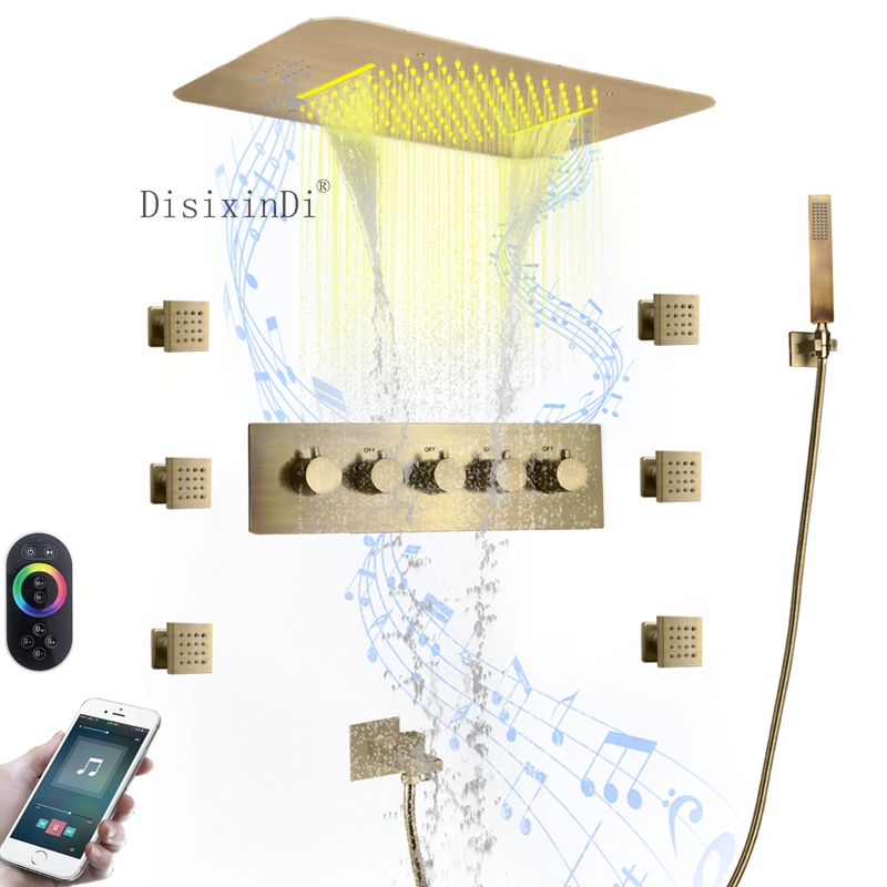 LED de techo de latón antiguo, cabezal de ducha con altavoz musical, juegos de baño y ducha termostáticos, mezclador de lluvia en cascada de 580x380mm
