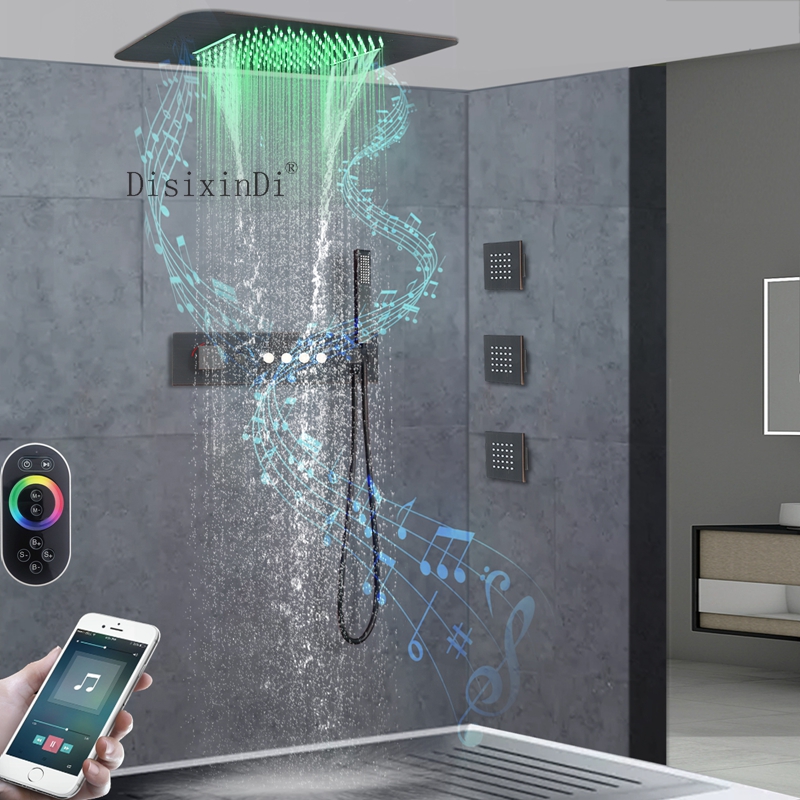 Cabezal de ducha LED empotrado en el techo, 23x15 pulgadas, con altavoz musical, cascada de lluvia, juego de grifería de ducha termostática para baño