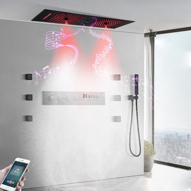 Negro mate 900*300 cabezal de ducha LED con altavoz musical doble techo de la ducha empotrado baño juego de grifería de ducha termostática