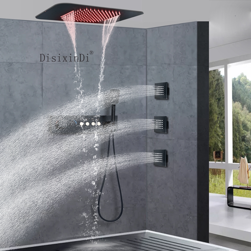 Cabezal de ducha LED de techo de 23x15 pulgadas con altavoz musical, juego de grifo de ducha termostático para baño de ducha de lluvia y cascada