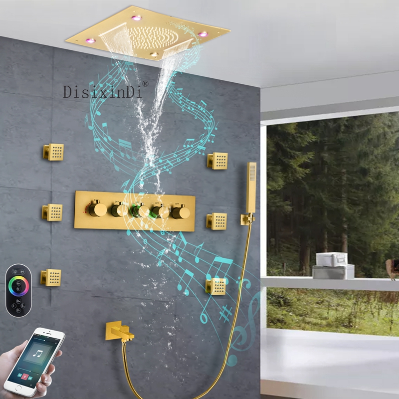 El baño y la ducha de la música del LED fijan el oro cepillado de lujo ducha principal de la lluvia de la cascada del techo de 16 pulgadas