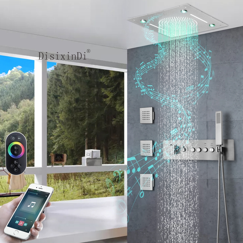 Cabezal de ducha de música LED de acero inoxidable 304, 400x400mm, botón termostático integrado para techo, juego de Grifo de ducha de baño de cuerpo principal