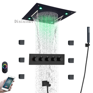Juego de ducha empotrada en el techo, cabezal de ducha LED de 400x400mm con altavoz musical, Sistema de ducha termostático de chorro corporal de 5x5cm