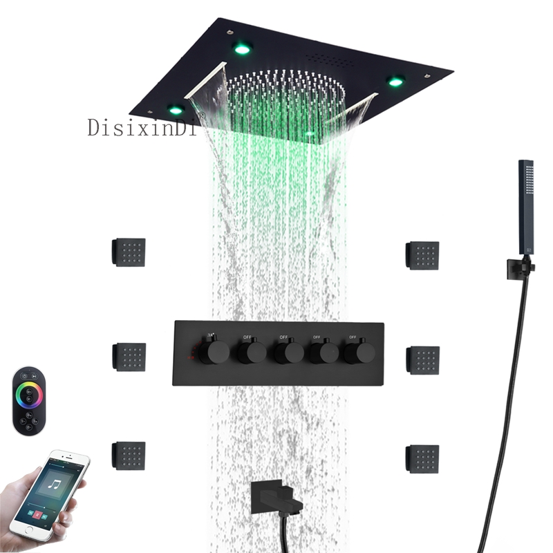 Juego de ducha empotrada en el techo, cabezal de ducha LED de 400x400mm con altavoz musical, Sistema de ducha termostático de chorro corporal de 5x5cm