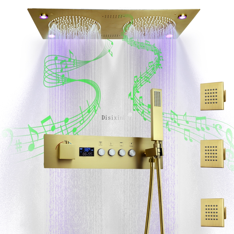 Cabezal de ducha musical LED de techo de 620x320mm, pantalla Digital LED, juego de grifo de ducha dorado termostático constante para baño